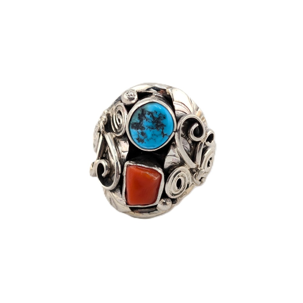 Heavy Sterling Silver Turquoise Coral Signet Ring Size 11.5 US**